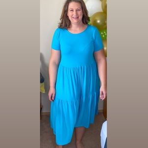 Icy Teal Blue tiered midi dress with short sleeves